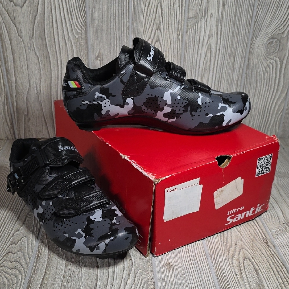 Santic Davee Road Cycling Shoes Black Grey Camo Mens 8.5 EUC